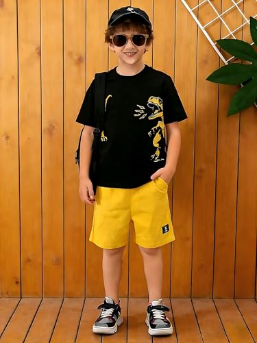 Image of Boys' 2 Piece Summer Outfit Cool Dinosaur & Camouflage Graphic Short Sleeve Tee & Shorts Set Size 4-12
