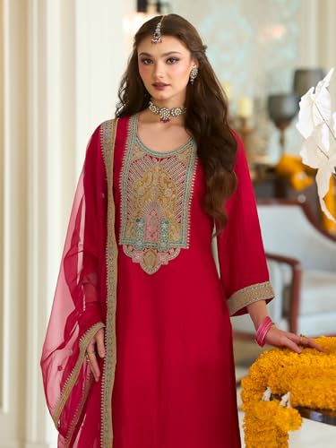 Image of INDO ERA Women's Silk Blend Ethnic Motifs Embroidered A-Line Kurta & Pant with Dupatta Set (IEOUT12371)