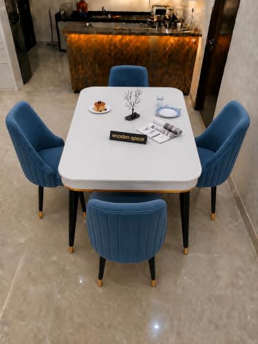 Image of WOODEN SPACE 4 Seater Wooden Dining Table Set | Urban Marble Top Dining Table with Chairs for Dining Room & Kitchen (Modern Infinity Blue) (54 x 36 x 30 inch)