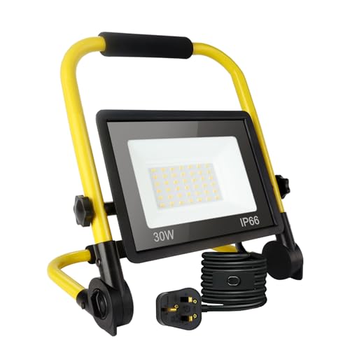 30W LED Work Light 3240LM Super Bright Job Site Light Portable Floodlight 6000K Daylight White IP66 Waterproof Construction Lights with 3.5m Wire UK Plug and Switch for Workshop Garage Garden