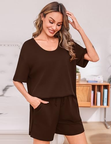 Totatuit Summer 2 Piece Sets for Women Oversized Scoop Neck Top and Shorts Lounge Set Casual Tracksuit Airport Outfit with Side Pockets Brown Medium — view 3