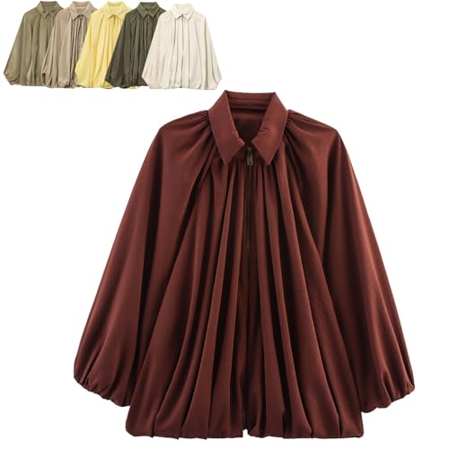 Balloon Sleeve Jacket For Women, Womens Puffed Bomber Jacket, Batwing Sleeve Front Zip Lapel Collar Shirts Oversized