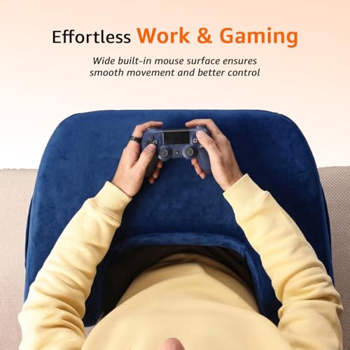 Image of amazon basics Gaming Lap Pillow | Lap Desk with Armrest Design | Side Pocket | Washable Velvet Cover | for Bed, Sofa & Floor | Blue