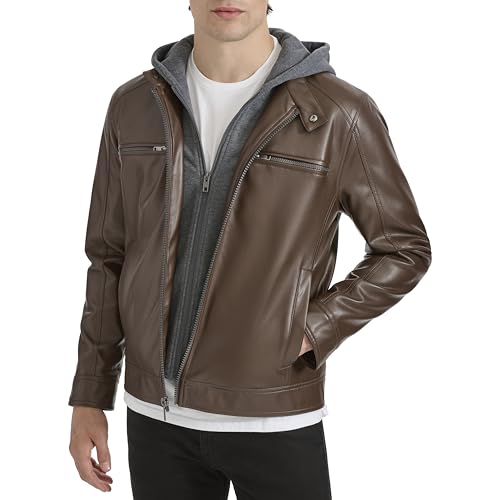 Image of Kenneth Cole Men's Faux Leather Moto With Jersey Attached Hood