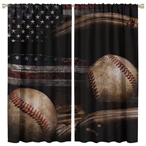 Cool Sports Blackout Curtains - Shabby Baseball on Vintage Wooden Boards American Flag Rod Pocket Window Drapes Set Energy Saving Thermal Insulated Drapes for Living Room Nursery,2 Panels 45L x 21W
