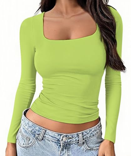 OYIGELZ Womens Long Sleeve Shirts Crop Tops Square Neck Basic Cotton Tees Fall Fashion 2026 Y2k Going Out Tops