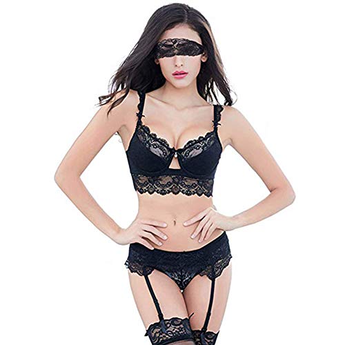Ensemble lingerie broderie push up 5 pièces avec porte-jarretelles et bas pour femme