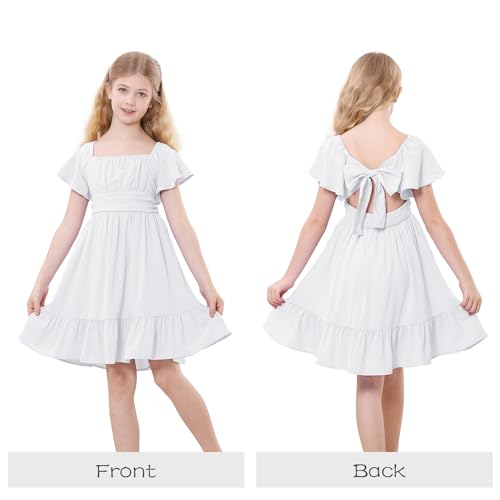 Zando Girls Dresses Tie Back Dress for Girls Ruffle Short Sleeve Dresses Tween Kids Off Shoulder Junior Dress 6-16 Years2
