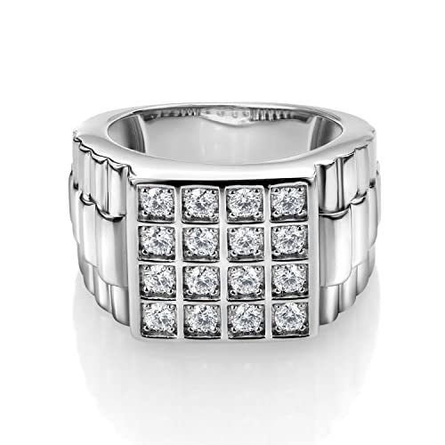 Gem Stone King White Round Moissanite Ring For Men In 925 Sterling Silver | Watch Cuban Rolex Style Square Cut Band Ring | 1.04 Cttw | Available In Size 7, 8, 9, 10, 11, 12, 13