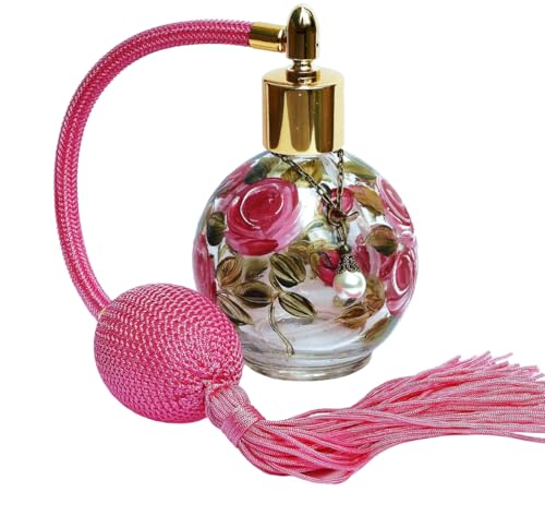 Vintage Style Atomizer Bulb Spray Glass Perfume Bottle with Long Tassel and Hand Painted Pink Roses Romantic Vanity Decor Accessories Gifts for Women Goddess Arts Collection