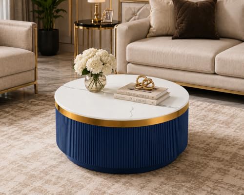 Image of Modern Round Centre Table - 76x76x46 cm | White Marble Top with Gold Accent Strip & Charcoal Louvers | Luxury Coffee & Tea Table for Living Room, Lounge & Entryway (Blue)