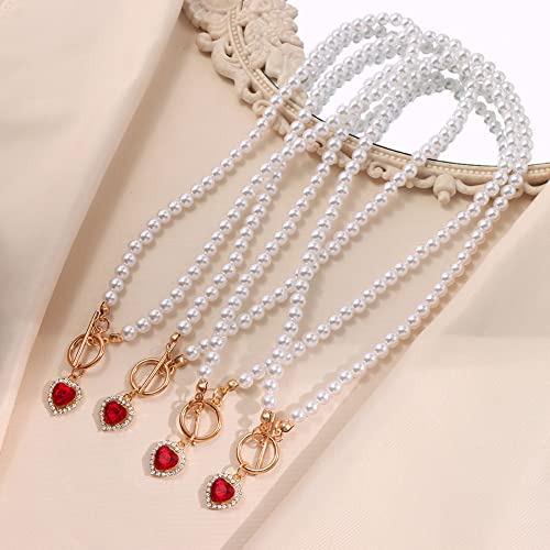 Asphire Vintage Pearl Necklace With Ruby Heart Pendant Elegant Bridal Crystal Gem Necklace Toggle Clasp Choker Necklace For Women Wedding Festival Gift #TOP5