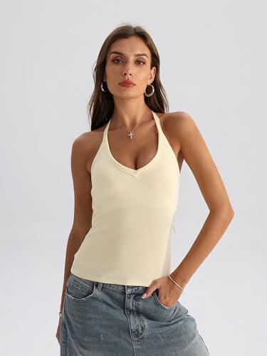 Image of Danysu V Neck Racer Back Tank Top for Women Padded Ribbed Long Tank Fitted Basic Cami Tops