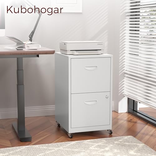Kubohogar 2 Drawer Mobile File Cabinet with Lock, White Metal Filing Cabinets with Wheels, Vertical Rolling File Cabinet Fit Hanging Files, Letter and A4 Documents - Thumbnail 2