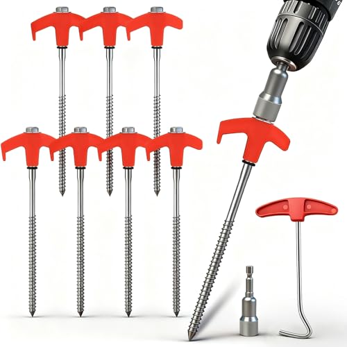 SOLEADER 12-Inch Screw in Tent Stakes 8PCS,Ground Anchors Screw in,Tent Stakes Heavy Duty,Ground Stakes for Inflatables,Canopies,Camping Tent Accessories,Metal Threaded Tent Spikes with Hex Head Drive