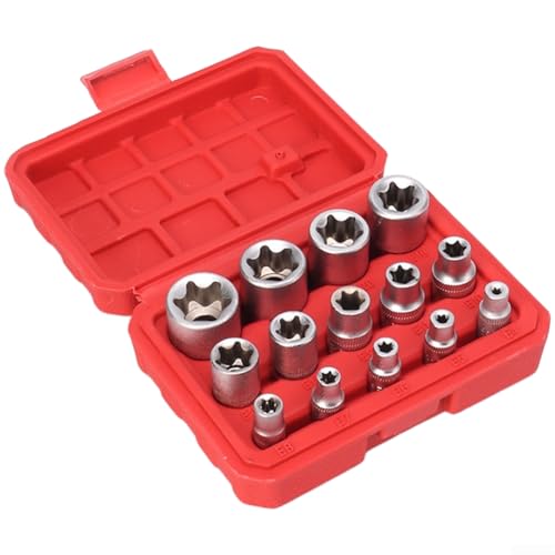 Juego de llaves de vaso tipo E, juego de 14 piezas hexagonales Torx métricas para reparación automotriz para mantenimiento de vehículos y uso profesional en garaje (A)