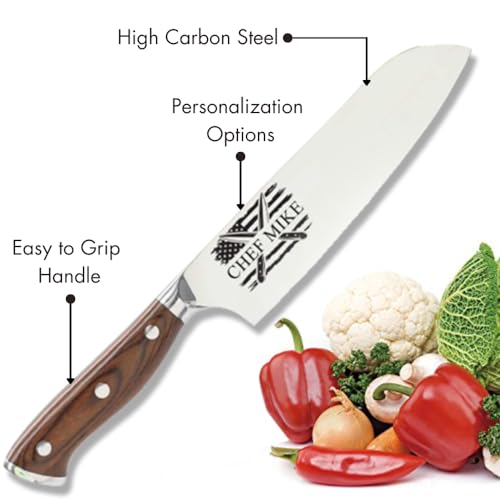 Image of Customizable Stainless Steel Steel Santoku Kitchen Knife with Laser Engraved Cooking Gifts for Him Her Housewarming Gifts Kitchen Knife Gift Set
