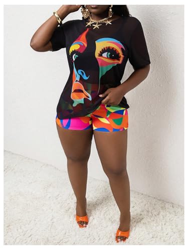 Women's 3 Piece Plus Size Swimsuit Tankini Shorts Set High Waisted Bathing Suit Graphic Beachwear with Mesh Cover Up4