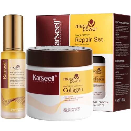 Karseell MACA CARE SYSTEM Pack Reparación Capilar Profesional Mascarilla Colágeno 500ml + Sérum Aceite de Argán 50ml Coco Karité Pelo Seco Dañado Teñido Hidratante Nutritivo Antifrizz Brillo Espejo