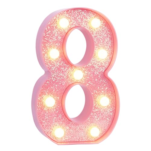 Image of Pink Light Up Marquee Numbers, Glitter LED Number Lights Signs Battery Operated for Girls 8th 18th 28th Pink Birthday Party Table Decorations, 8 Inch Tall Number 8 with Warm White Lights