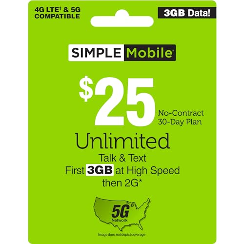SIMPLE Mobile $25 3 GB Data, Unlimited Talk & Text [Physical Deli...