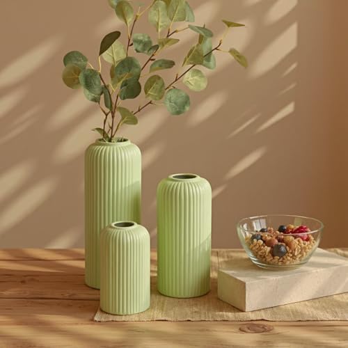 Image of KREATIVE ART'S Green Flower Vase for Home Decoration, Ceramic Vases for Home Decor, Home Decor Items for Living Room, (Light Green Vases -Set of 3 pcs)