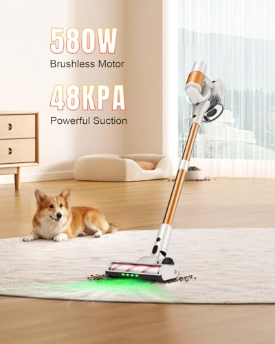 Image of Cordless Vacuum Cleaner, 2 Batteries 110 Mins Runtime, 580W 48KPA Stick Vacuum with Self-Standing, Tangle-Free Brush, LED Display, Vacuum Cleaner for Home Hardwood Floor, Carpet, Pet Hair