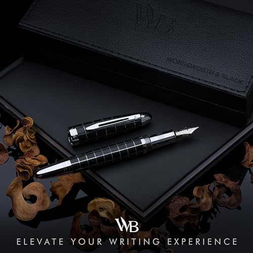 Wordsworth & Black Majesti Fountain Pen-(Checked), Luxury Case, Chrome Finish; Medium Nib- Ink Cartridges, Refillable Ink Converter-Calligraphy Pen-Best Business Gift Set for Men & Women