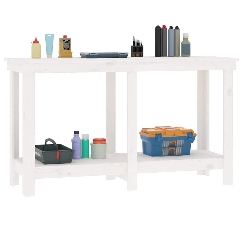 Banco de trabajo blanco 140 x 50 x 80 cm de pino macizo con mucho espacio de almacenamiento, encimera, almacenamiento de herramientas, mesa de montaje, ideal para garaje, taller