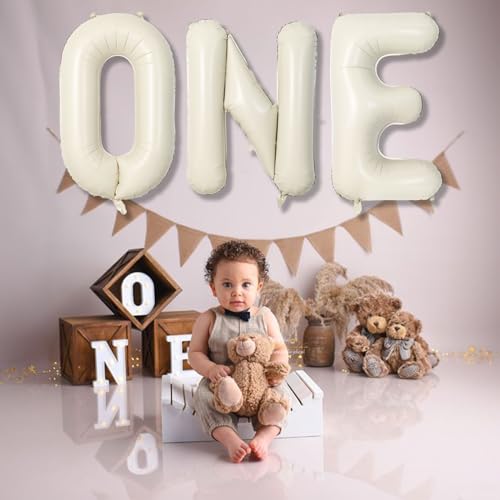 Image of 40 Inch Beige One Balloons for 1st Birthday, Cream White Sand One Balloon Letters with Ribbon, Neutral Ivory Alphabet One Balloon for Boys Girls First Birthday 1 Year Old Baby Shower Party Decorations