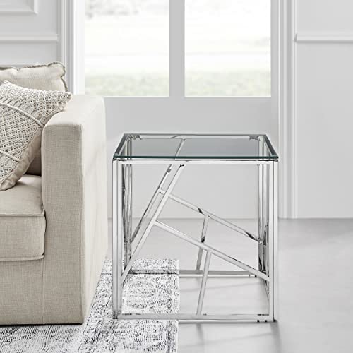 Furniturebox UK Side Table - Amalfi Silver Chrome Metal Table - Square Clear Glass & Silver Chrome Table - Abstract Pattern - A Modern Glam Side End Table - Sleek, Chic, Bright & Airy - Image 2