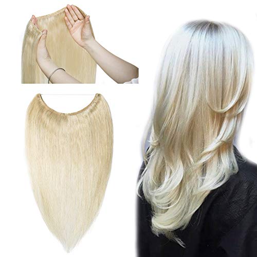 Hidden Invisible Crown Flip on Human Hair Extension One Piece Secret Miracle Wire in Hairpieces No Clip No Tape in Remy Hair Translucent Fish Line Headband 70g 20''/20inch #60 Platinum Blonde