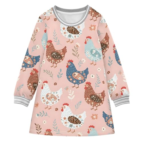 Girl Long Sleeve Dress Chicken Pattern with Floral Elements Girls Dresses A-Line Casual Tunic Playwear 2-8 Years