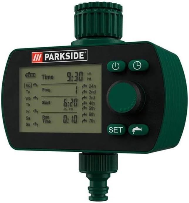 Parkside irrigation programmer display showing current time and day settings.
