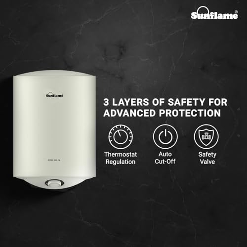 Image of Sunflame Rolig N Geyser 15 Litre Wall Mount Water Heater for Home | 5 Star Rating | Vitreous Enamel Tank Coating | Advanced Multi-layered Safety | Suitable for Hard Water & High-rise Buildings | White