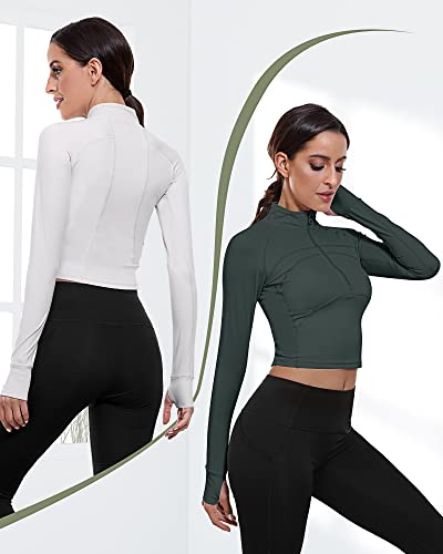 Neer 2 Pack Women's Workout Long Sleeve Jackets, 1/2 Zip Pullover Yoga Crop Tops Slim Fit Running Top With Thumb Holes (Ivory Gray, Greygreen, Small) #TOP2