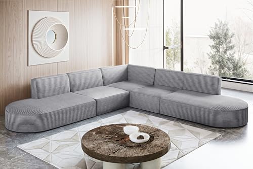 Kaiser Möbel - Ecksofa mit Wohnlandschaft, Eckcouch L Form, Polstersofa, Bigsofa, Corner Sofa, Extra Groß, Bequemes Couch für Wohnzimmer, Relaxsofa, Stilvolles Cord Sofa, Modena Corner, Hellgrau