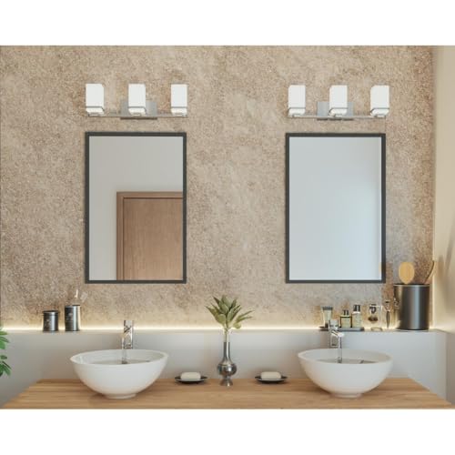 Progress Lighting 3 Light Bathroom Vanity Light, Coastal Style Modern Bath Lighting Fixture with Etched White Glass Shade for Over the Mirror, Reversible Mounting, Metric Collection, Polished Chrome by Progress Lighting - Image 2