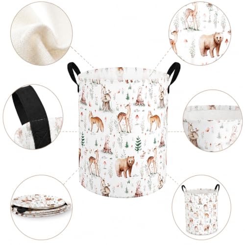 Image of MAIZMZ Woodland Animal Storage Bin, Waterproof Lining Laundry Basket with Leather Handles for Kids Room, Gifts