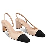 ♥ Klassisches Design: Diese Slingback-Pumps schneiden zu einem Punkt in Mischgewebe und Farbe zu einer eleganten Silhouette mit geschlossenen, runden Zehen, klobigen Absätzen, das sexy und charmant ist als traditionelle runde Zehen. Diese Sandalen mit Absatz sind definitiv die auffälligste Präsenz im Herbst