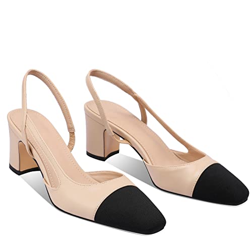 LauraVicci Heeled Slingback Pumps Two Toned Splicing Closed Round Toe Chunky Block Heels Sandals Slip On Office Party Fashion Shoes