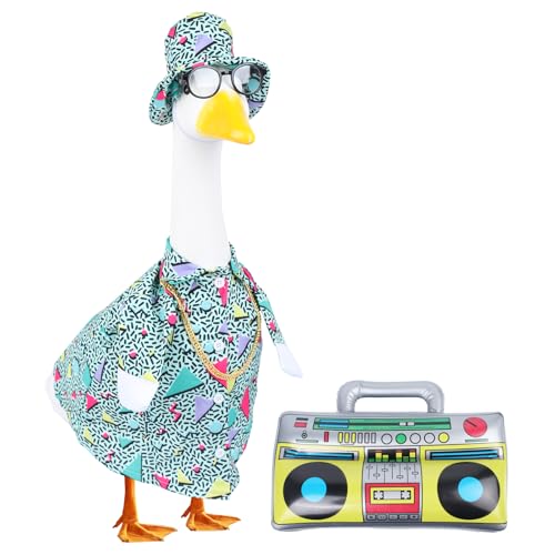 CAMDUCK 5 Pcs Summer Porch Goose Outfits, 80s 90s Hip Hop Costume Outfit for 23'' Goose Statue, Porch Goose Clothes Accessories with Hawaiian Hat Skirt Glasses Necklace Inflatable Radio Boom Box