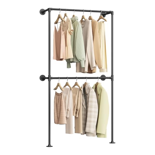 WOLTU Perchero de Pared Industrial, 2 Rieles para Colgar Ropa, Armario Abierto, Perchero Industrial de Tubos de Metal, Barras Colgantes para Dormitorio y Vestidor, Negro, 102,5x36,5x187 cm