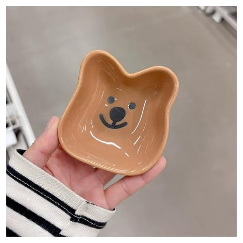 (2 Pieces) Ceramic Small Dish Home Cute Dipping Soy Sauce Seasoning Sushi Vinegar (Bear plate,Brown)
