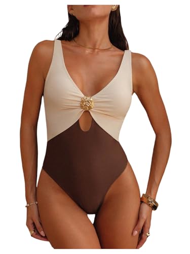 Verdusa Women's Colorblock One Piece Swimsuit Deep V Neck Cut