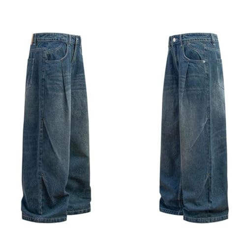 Men Distressed Jeans Double Pleated Denim Pants Washed Vintage Loose Fit Wide Leg Casual Trousers2