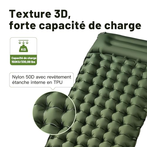 Matelas Autogonflable Auto-gonflant Avec Pompe à Pied et Coussin Intégré – 10 cm d'épaisseur, Compact, Antidérapant et Imperméable, Idéal Pour la Randonnée, la Plage et Les Activités en Plein Air – Image 4
