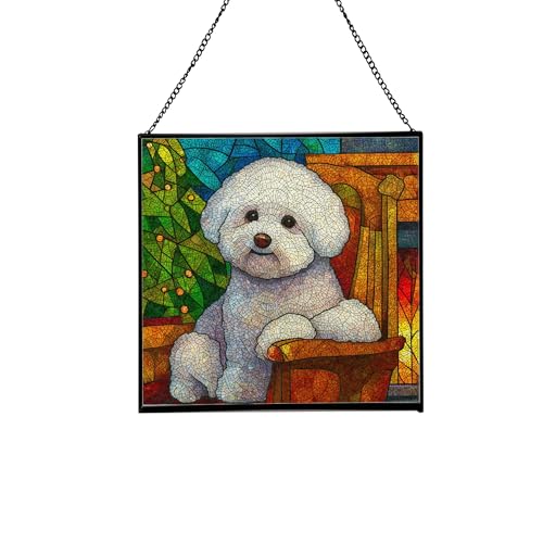 Bichon Frise Christmas Stained Glass Suncatcher – Square Hanging Holiday Window Panel with Cozy Fireplace Scene – Winter Glass Art Decoration Gift for Animal Lovers, Pet Owners YUFhLV