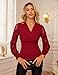 Womens Elegant Blouse Ruched Tops Wrap V Neck Shirt Long Sleeve Lace Dressy Casual Office Top Burgundy XL