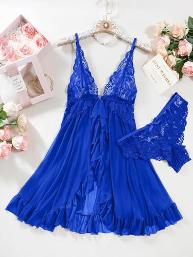 Image of Foxiny Sexy Open Front V Neck Ruffle Sheer Mesh Lace Wireless Babydoll Lingerie Dress with Thong 2 Piece